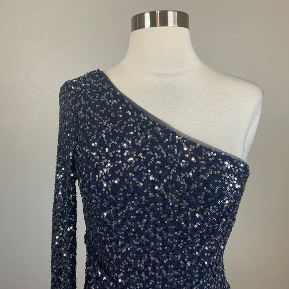 Betsy & Adam Women's Cocktail Dress Size 8 Blue Sequin One Shoulder Midi Sheath - Picture 7 of 14